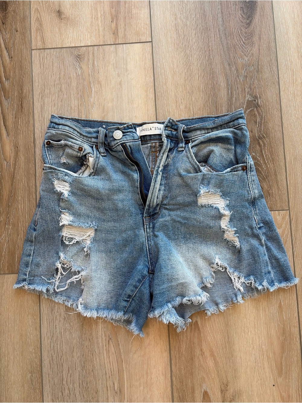 Vanilla Star Light Blue Distressed Denim Shorts
